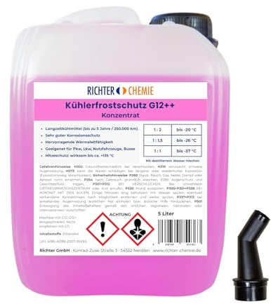 Richter Chemie Kühlerfrostschutz G12++ Konzentrat, 5L, Langzeitkühlmittel bis 5 Jahre, Frostschutz bis -37°C, für PKW & LKW