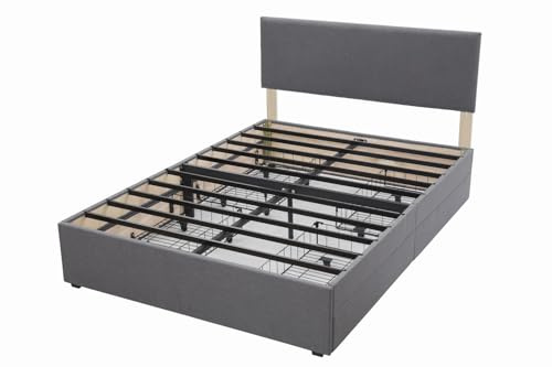 Panana Bed Frame Upholstered Platform with 4 Storage Drawers and Adjustable Headboard, Sturdy Metal Slats Support, Easy Assembly (Headboard without Crystal, 4FT6 Double)