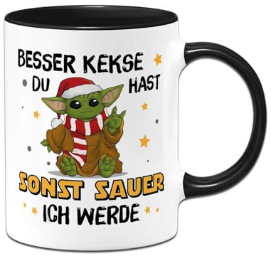 Weihnachtstasse - Tasse mit Spruch Besser Kekse Du hast sonst sauer ich werde - Baby Motiv - Geschenk für Männer, Frauen - Wichtelgeschenk Kollege, Kollegin - Kaffeetasse lustig (Schwarz)