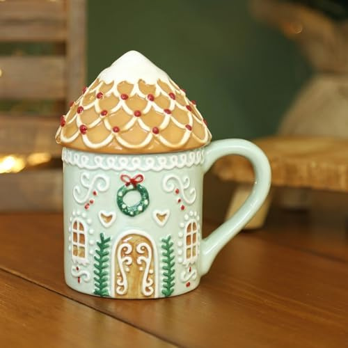Fyne-Finds Gingerbread House Ceramic Mug with Lid Festive Christmas Hot Chocolate Coffee Cup Holiday Design Snow Roof Gift Winter Xmas
