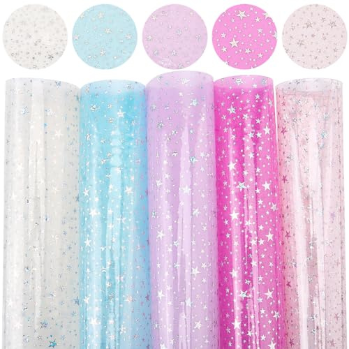 craspire 5 Glitzernde PVC Jelly Vinylfolie 7.8X13.15 transparente Laserbedruckte Wasserfeste Vinylfolien Mit Sternenmuster Für Haarschleifen Ohrringe Bastelarbeiten