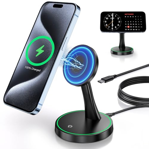 Chargeur Induction iphon,Charging Station 2 en 1 OANDYS 15 W,Compatible avec MagSafe pour iPhone 17/16/15/14/13/12/AirPods 4/3/2/Pro,Station de Charge Apple avec Voyant Lumineux réglable