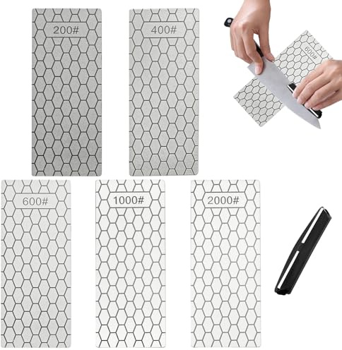 Diamant Schleifstein Set 5 Stück 200/400/600/1000/2000 Körnung mit Halter, Diamant Messerschärfer für Messer, Scheren & Werkzeuge – Rutschfeste Diamant Schleifstein Schleifplatten für Küche & Outdoor