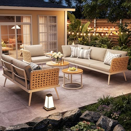 NADEUSAK Set di divani da giardino a forma di L, colore beige, sei persone, con 2 tavolini e poltrone, braccioli intrecciati a mano, angoli resistenti alle intemperie, in ferro, con imbottitura