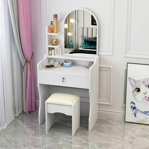 GrecoShop Scrivania Bambini Toeletta Vanity Table Tavolo Trucco Specchio e Sgabello, Mobile Make‑Up+Cassetto e Ripiani, Postazione Trucco per Ragazze e Bambine, Arredo Bianco per Camera da Letto