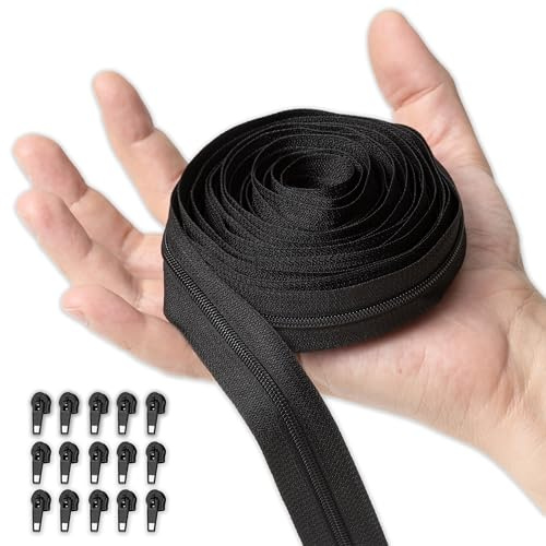 IPEA Cerniera Lampo Catena Continua misura #3 Nera - [ 5 METRI + 15 CURSORI IN METALLO ] - Made in Italy - Zip Ritagliabile per Cucito, Abbigliamento, Accessori - Larghezza 30 mm - Nero