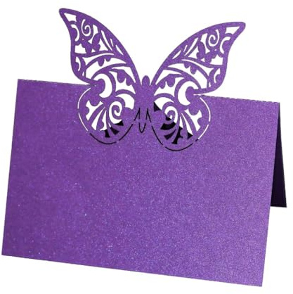 Paquete De 50 Tarjetas De Lugar De Mariposa Cortadas Con Láser, Tarjetas De Tienda Con Nombre Hueco Con Purpurina Para Mesa, Fiesta De Bodas, Cumpleaños, Cena De San Valentín (Violeta)