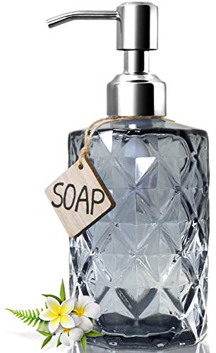 JASAI Diamond Design Glass Soap Dispenser with Stainless Steel Pump, 340 ml Kitchen Soap Dispenser for Bathroom (Grey)