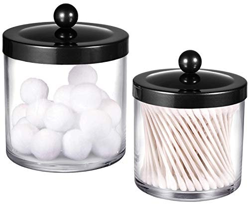 SheeChung 2-Pack Plastic Apothecary Jars with Black Metal Lids-Clear Acrylic Qtip Holder Set-Shatterproof Bathroom Vanity Organizer for Cotton Balls, Swabs, Pads-Modern Farmhouse Chic Decor