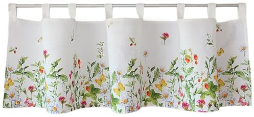 Scheiben-Gardine mit Schlaufen als blickdichter Vorhang in 120 x 30 cm - Landhaus-Stil Bistrogardine bunte Frühling Sommer Blumen - Moderne Kurzstore Küchen-Gardine Wohnzimmer Wohnwagen