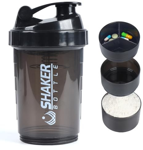 VIGIND Protein Shaker Bottle,Leak Proof Sports Water Bottle for Protein Mixer- Non Slip 3 Layer,16 oz Shake Cup with Pill Tray Storage (Black)