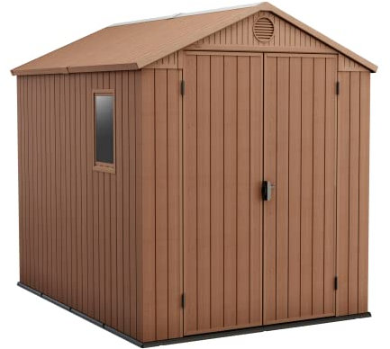 Keter Darwin 6x8ft Outdoor Resin Garden Shed – Brown Evotech+ Wood-Look | Waterproof Resin Storage for Tools & Bikes | Double Doors | Lockable | 15 Yr Warranty | Zero Maintenance