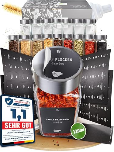 LAEVU Gewürzgläser Set Eckig | 24 Stk. 120ml - 10,7 x 4,5 cm | mit 350 Gewürzetiketten, 48 Streueinsätze, 1 Kreidestift zum Beschriften und noch mehr | 24