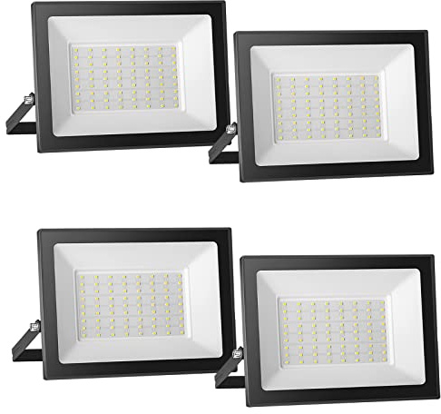 4 Pack Foco LED Exterior 100W, Alto Brillo 10000LM Proyector LED Exterior Iluminación 3000K Bianco Caldo, Luz de Seguridad Impermeable IP65, Lampara LED Pared Techo para Jardín Garaje Camino Patio