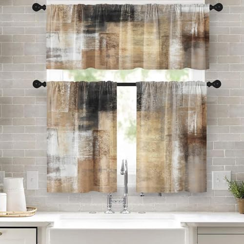 Tayney Brown Kitchen Window Curtains Valance and Tier Set 36 Inch, Grey Beige Modern Rod Pocket Short Tier Curtain, Abstract Art Small Cafe Drapes for Kitchen Decor