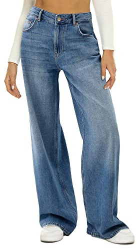 HDLTE Damjeans med vida ben, hög midja, baggy boyfriend-jeans i denim, lösa byxor i Y2K-stil, BLÅ, S