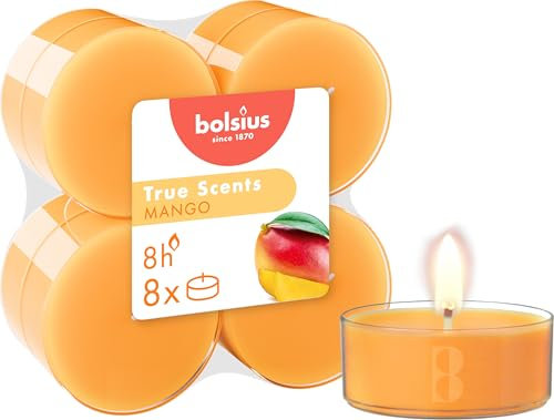 Bolsius True Scents – 8 Teelichter Maxi Duft – Mango – Lange Brenndauer von 8 Stunden – Kerze für den Innenbereich – Natürliche Extrakte – Veganes Wachs – Ohne Palmöl
