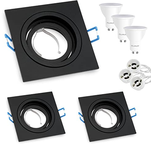 Lumiled 3x Einbaustrahler LED flach Spots GU10 inkl. 6W ersetzt 60W Halogen LED Leuchtmittel Neutralweiß 4000K 580lm Einbauleuchten 230V Einbaurahmen schwarz eckig Einbauspots schwenkbar Downlight