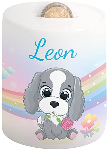 Süße Kinder Spardose mit Namen – Sparschwein für Mädchen & Jungen - Regenbogen-Motiv - personalisiertes Geschenk zur Einschulung, Geburt, Taufe, Geburtstag, Weihnachten - Geldgeschenk (Hund)