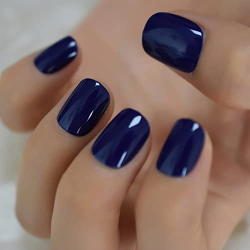 Short Square Dark Blue False Nails Glossy Pure Color Collection,24Pcs Full Cover Acrylic Stick on Nails with Jelly Glue for Women Girls Nails Art (Dark Blue)