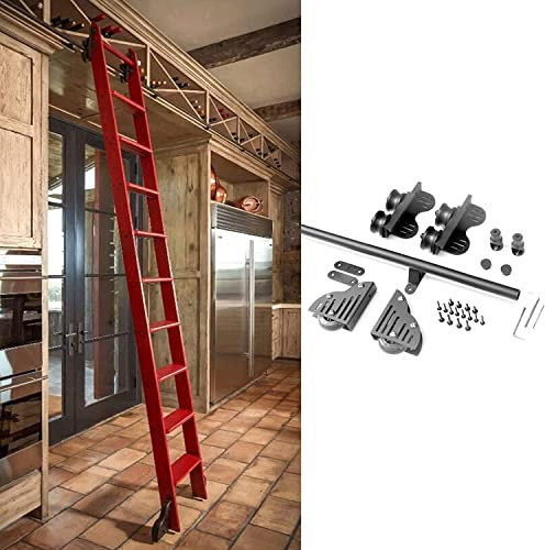 Schiebe-Scheunentor-Hardware-Kit, 3,3 Fuß bis 20 Fuß (ohne Leiter), einziehbare Rollleiter-Hardware-Bibliothek, Mobile Rundrohrschiene mit Bodenrollenrädern (Größe: 16 Fuß/500 cm Schienen-Kit)