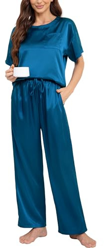 Nanxson Femme Ensembles de Pyjama Été Satin Vêtements de Nuit Pyjama Sets Haut à Manche Courte et Pantalon Longue, Bleu Foncé
