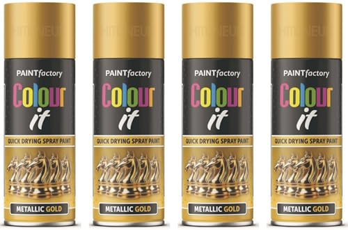 HitlineUK 4 x 400ml Gold Spray Paint for Metal Wood Plastic Metallic Shimmering Interior & Exterior