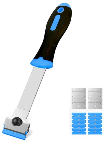 Razor Blade Scraper, Long Handle Scraper Tool with 10 Plastic and 10 Metal Blades - Ideal for Removing Labels, Stickers, Appliance Grease, and More from Windshields, Tint, and Glass (Blue)