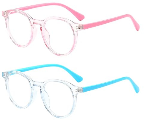 FANNYGO 2 Pack Kids Blue Light Blocking Glasses For Girls Boys Clear Computer Blocking Glasses For Boys Girls Age 4-10 (Pink+Light blue)