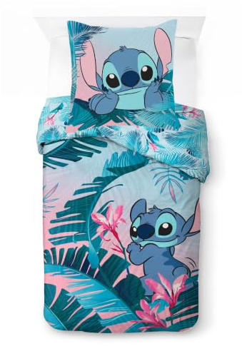 Disney Lilo und Stitch blumige Bettwäsche für eine Person – Kinderbettwäsche Set inklusive 80 x 80 cm Kopfkissenbezug, maschinenwaschbare Baumwollbettwäsche