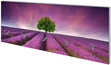 Wallario Wandgarderobe aus Glas in Größe 80 x 30 cm mit Memoboard-Funktion, Motiv: Lila Blumenfeld | 5 Kleiderhaken zum Aufhängen von Jacken