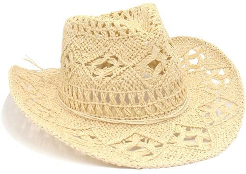 Zuhekti Cowboyhut aus Stroh für Damen, glitzernder Westernhut für Urlaub, Party, faltbar, Urlaub, Strand, Sonnenhut mit breiter Krempe, Beige, Einheitsgr��e