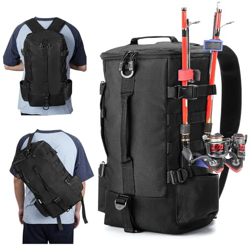 Anpress Mochila de Pesca con Soporte para caña, Bolsa de Pesca Mochila para Aparejos de Pesca. Multifuncional Almacenamiento Aparejos Bolsa para Pesca Senderismo Caza Camping Deporte al Aire libr