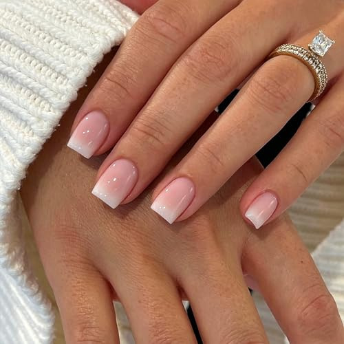 MrCuvaryas 24 Stück French Tip Press on Nails Kurz, Full Cover Nägel zum Aufdrücken, Natürlich Rosa Weiß Ombre-Acrylnägel Fake Nails mit Nagelkleber für Frauen Nail Art, DIY Nageldesign Alltag