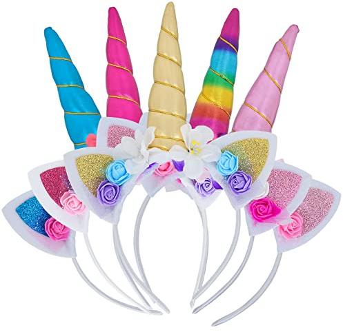 Hiziwimi Unicorn Horn Headband Flower Ears Headband Rainbow Color 5 Pack in Different Design for Girl Party Birthday Cosplay Festivals (5 Colors, 26×11.5cm) | Glitter Floral Unicorn Horn Headband for Birthday Party Cosplay Favors Costume