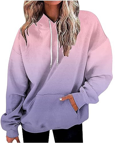 Awrvia Hoodie Damen Oversize Kapuzenpullover Farbverlauf Langarmshirt mit Kapuze Kapuzenpulli Casual Langarm Sweatshirt Baumwolle SPOR Pullover Leichte Basic Longshirt Taschen Oberteile Streetwear