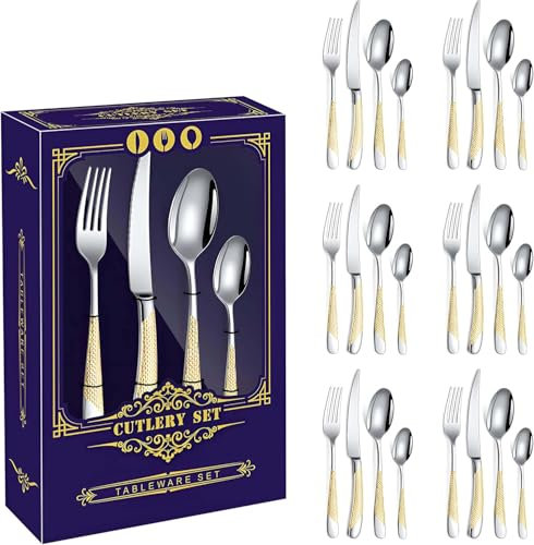 Ensemble de couverts argentés, dorés, argentés, plats, 24 pièces, service moderne pour 6, en acier inoxydable poli miroir pour la maison, restaurant, couteaux, fourchettes, cuillères, passe au