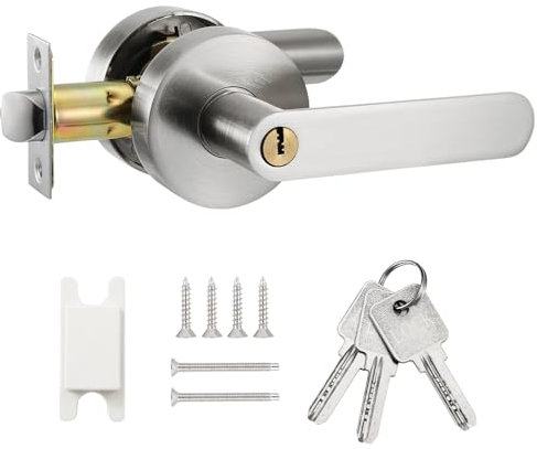 Faankiton Door Handle with Lock, Reversible Door Handles, Privacy Door Lever, Internal Door Handle Knob Sets, Security Door Lock Set, Entry Door Lever with Keys for Bedroom, Passage (Silver)