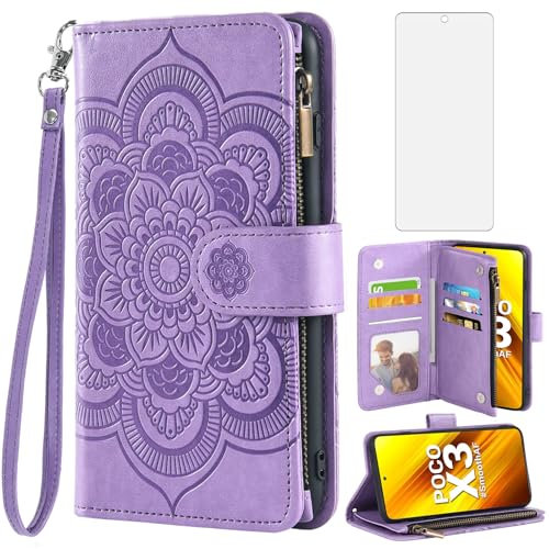 Asuwish Funda para Xiaomi Poco X3/X 3 Pro/PocoX3 NFC con Cristal Templado Protector Pantalla Vidrio Pelicula Protectora Libro Cuero Piel Tarjetero Soporte Mi 3X 5G Tapa Carcasa Móvil Capa Case Lila