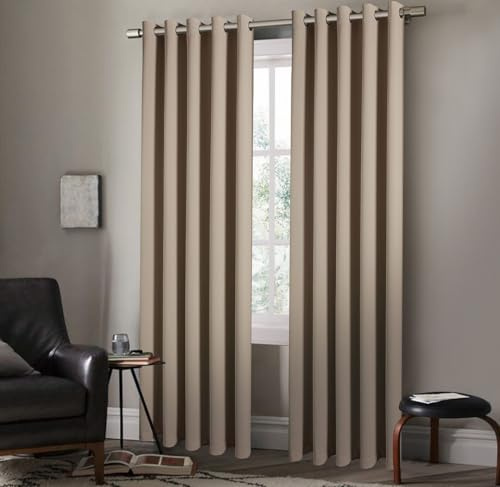 StylemyBedroom Pair of Eyelet Ring Top Thermal Blackout Curtains with Tie Backs – Plain, Insulated, Energy-Efficient, Light-Blocking, Noise-Reducing, Lined Design (Beige,66 x 54 (168x137cm))