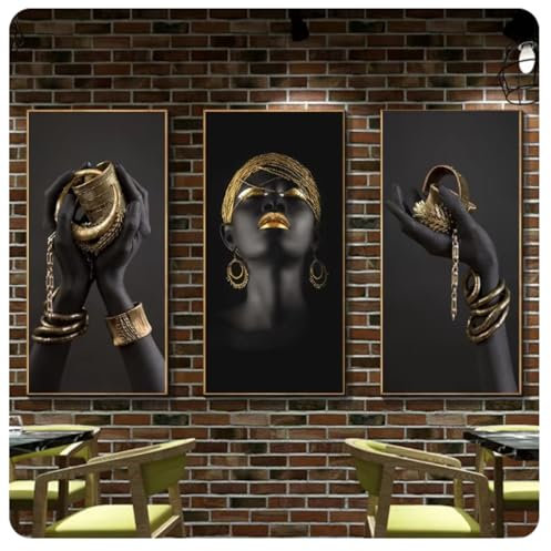 Schwarze afrikanische Frau Leinwandplakate und -drucke Schwarze Hand die goldenen Schmuck hält Gemälde Wandkunst Bilder für die Inneneinrichtung 50 x 100 cm x 3 cm ohne Rahmen