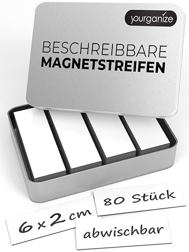 YOURGANIZE® Magnetstreifen beschreibbar | 80 Stück, 60x20 mm | Magnetschilder zum Beschriften | Für Kühlschrank, Whiteboard & Tafel | Magnetstreifen | Weiß