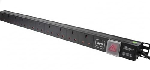 LMS DATA 1U Vertical 10 Way UK 3-Pin Surge Protected Rack Mount PDU – 13A Rack Mount Power Distribution Unit with Neon Switch, 1.8m Cable – Ideal for Server & Data Cabinets