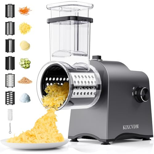 6 in 1 Electric Cheese Grater Salad Machine with 6 Different Shapes Stainless Steel Blades, 250W Electric Shredder, Kitchen Rotary Cutter for Cheese, Fruit,