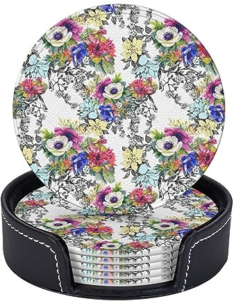 Garden Blossoming Wildflowers Print Leather Coasters Round Drink Coasters Set of 6 with Holder Cup Mat Table Decor