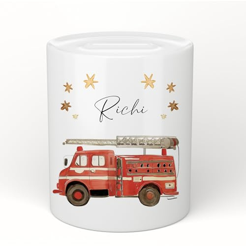 Manufaktur Liebevoll Spardose mit Namen Personalisierte Spardose Kinder Geschenk Baby Mädchen Junge Sparschwein Feuerwehr Fahrzeug