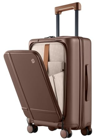 NINETYGO Carry On Luggage 22x14x9 Airline Approved, 20 Inch Suitcase with Front Compartment, Coffee-Infused PC Hard Shell, Eco-Friendly, Cup Holder, Clamshell, TSA Lock, Spinner Wheels (Latte)