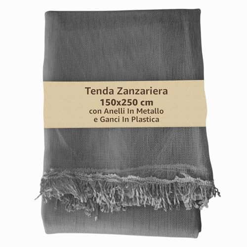 SONIT – Zanzariera Finestra Grigio 150x250cm con Gancetti e Anelli, Rete Antizanzare per Porta Finestra con Frange, Installazione Senza Attrezzi, Protezione Insetti per Casa e Balcone