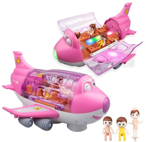 victob Aeroplane Toys for Toddlers, Bump and Go Action Air Plane with LED Flashing Lights & Sounds, Plane Toy for 3 4 5 6 Year Old Boys Girls Birthday Gift (Pink)