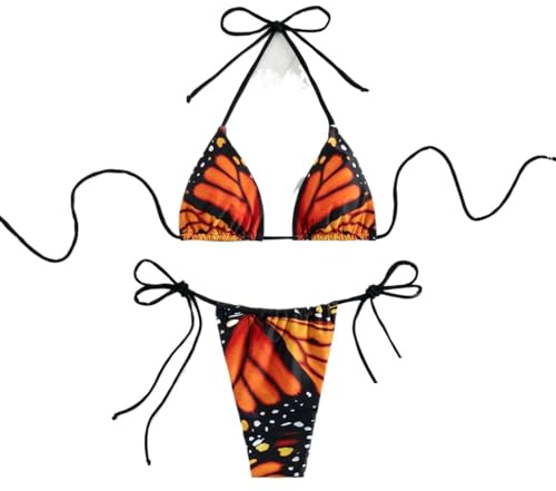 NJIEzhao bikiniset, sexiga kvinnors fjärilstryck, string-mikrobikini-set, tvådelad baddräkt, badkläder, baddräkt, strandkläder, sexig bikini (röd, S)